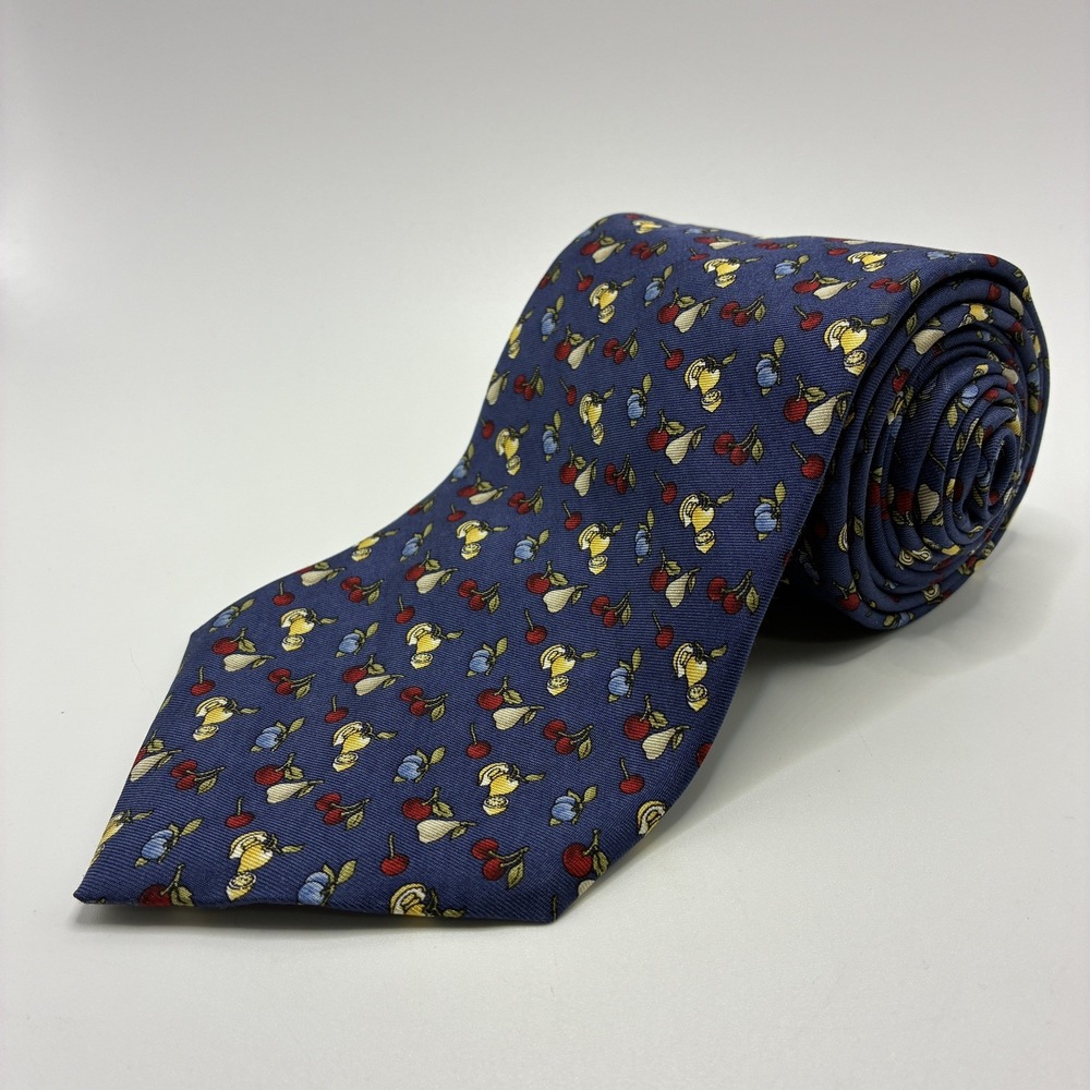 Brooks Brothers Makers Blue 100% Silk Tie Fruit Cherry Lemon Print USA Vintage